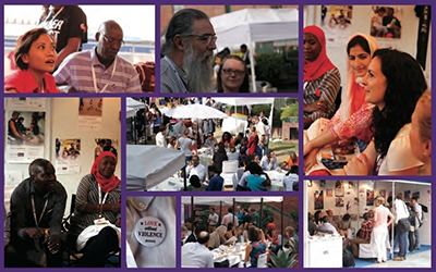 A photo collage of interactive group discussions from MenCare's Kitchen Table Talks at the MenEngage Global Symposium 2014 in India.