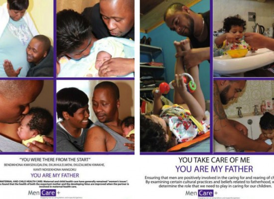 MenCare South Africa campaign posters promoting involved, nonviolent fatherhood and caregiving.